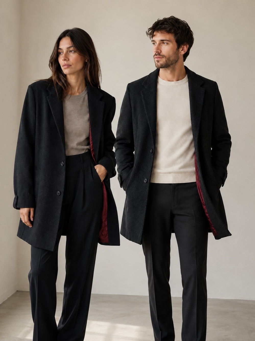 Zara Men's Charcoal Black Pea Coat with Burgundy Lining
